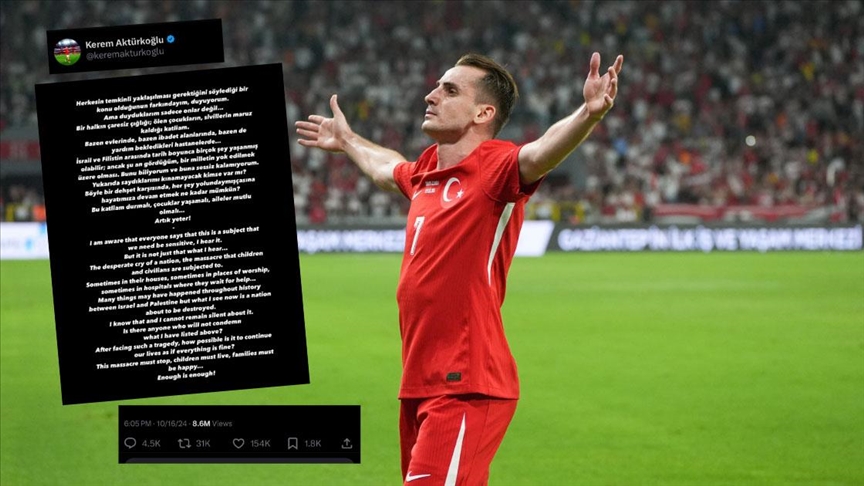 Kerem Aktürkoğlu'nun İsrail'in Filistin'deki katliamına tepkisi, uluslararası çapta destek gördü